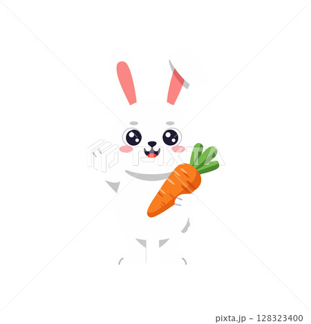 Cute white rabbit holding fresh orange carrot vector illustration with pink ears and cheeks Cute white rabbit holding fresh orange carrot vector illustration with pink ears and cheeks 128323400
