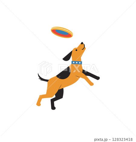 Dog playing with flying disc frisbee active pet outdoor fun vector illustration 128323418
