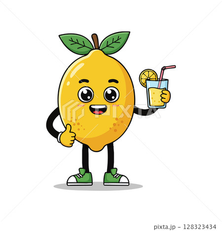Cute lemon character holding glass of lemonade with straw and slice vector illustration 128323434