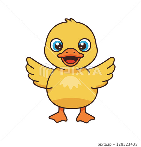 Cute yellow duckling cartoon character with big eyes and open wings vector illustration Cute yellow duckling cartoon character with big eyes and open wings vector illustration 128323435