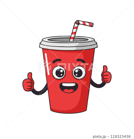 Red Soft Drink Cup with Straw and Thumbs Up Cartoon Character Vector Illustration 128323436