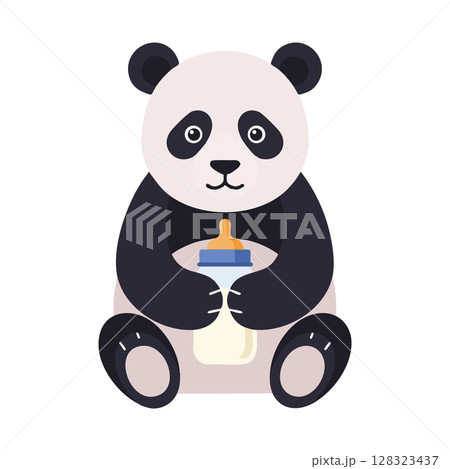 Panda bear holding baby bottle cute animal illustration vector design 128323437
