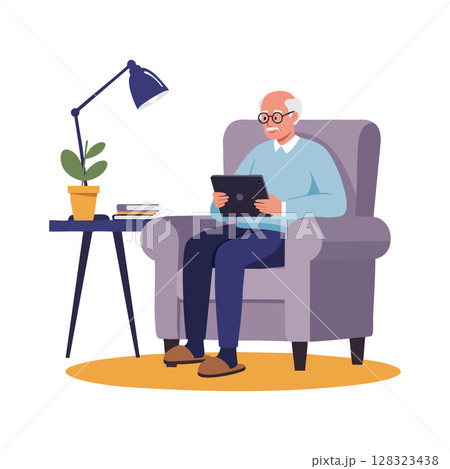 Elderly man sitting in armchair using tablet digital device vector illustration 128323438