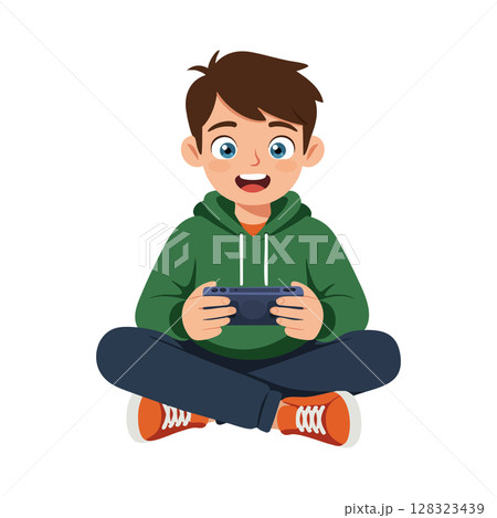 Boy playing video game sitting cross legged in green hoodie casual outfit vector illustration 128323439