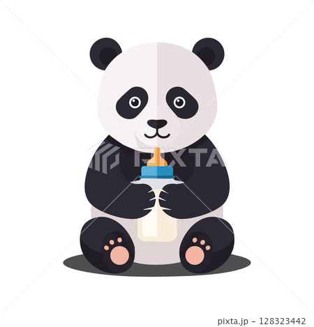 Cute baby panda holding milk bottle vector illustration in simple style 128323442