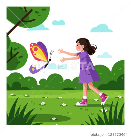 Girl chasing colorful butterfly in green garden with trees and flowers vector illustration Girl chasing colorful butterfly in green garden with trees and flowers vector illustration 128323464