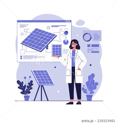 Female Scientist Researching Solar Panels and Renewable Energy Technology in Laboratory 128323482