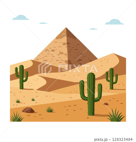 Pyramid in Desert Landscape with Cactus and Sandy Dunes Illustration Vector 128323484