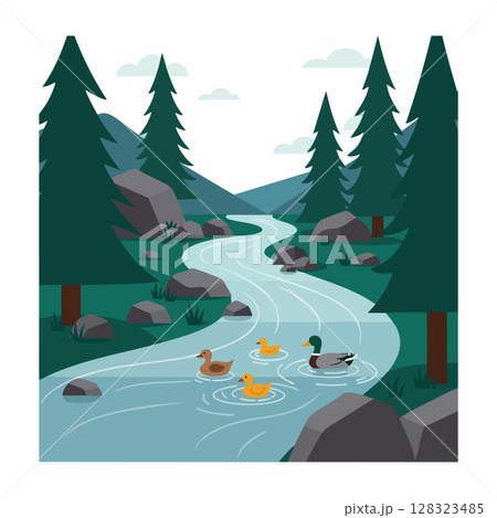River landscape with ducks swimming among pine trees and rocks in forest setting River landscape with ducks swimming among pine trees and rocks in forest setting 128323485