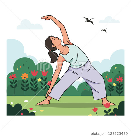 Woman practicing yoga outdoors in garden with birds and flowers vector illustration 128323489