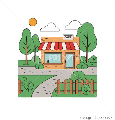 Small cafe building with red and white awning surrounded by green trees and bushes vector illustration Small cafe building with red and white awning surrounded by green trees and bushes vector illustration 128323497