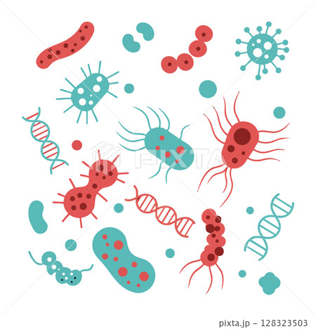 Microscopic bacteria and DNA strands vector illustration in red and blue colors for science and biology concepts Microscopic bacteria and DNA strands vector illustration in red and blue colors for science and biology concepts 128323503