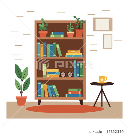 Bookshelf with green plants and coffee cup in cozy reading corner vector illustration Bookshelf with green plants and coffee cup in cozy reading corner vector illustration 128323504
