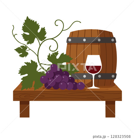 Wine barrel with glass and purple grapes on wooden table vector illustration 128323508