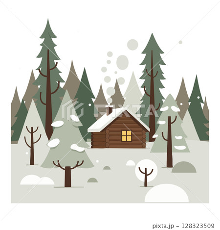 Winter cabin surrounded by snow covered pine and fir trees in forest landscape vector illustration 128323509