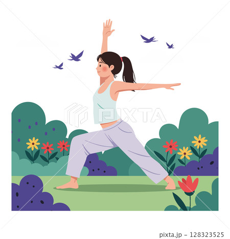 Woman practicing yoga warrior pose outdoors in garden with birds and flowers vector illustration Woman practicing yoga warrior pose outdoors in garden with birds and flowers vector illustration 128323525