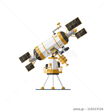 Space telescope with solar panels and tripod base vector illustration in white and yellow colors Space telescope with solar panels and tripod base vector illustration in white and yellow colors 128323526