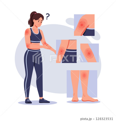 Woman with red rash on skin showing affected...のイラスト素材 [128323531] - PIXTA