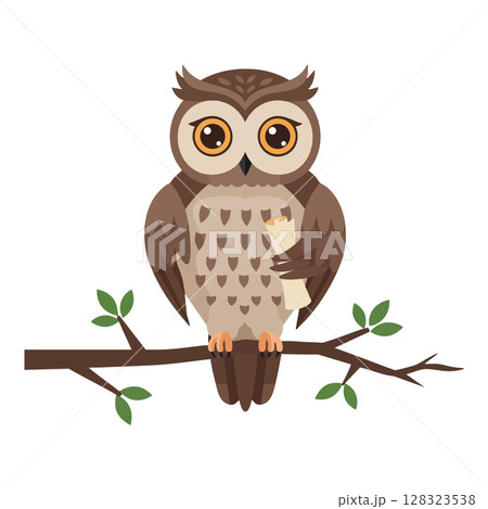 Owl sitting on tree branch holding scroll vector illustration with green leaves natural design Owl sitting on tree branch holding scroll vector illustration with green leaves natural design 128323538