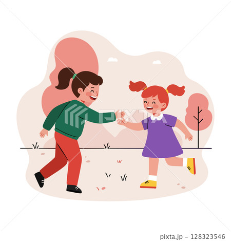Children playing outdoors in autumn park with trees and grass vector illustration Children playing outdoors in autumn park with trees and grass vector illustration 128323546