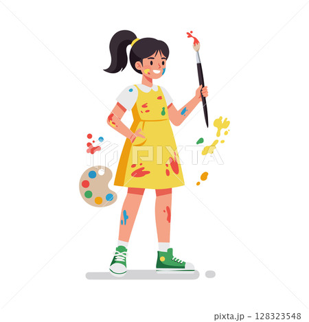 Girl painter holding brush wearing colorful paint stained yellow apron and green shoes vector illustration 128323548
