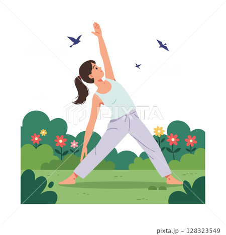 Woman practicing yoga outdoors in garden with flowers and flying birds vector illustration 128323549