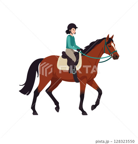 Woman riding brown horse with black mane and tail in equestrian gear vector illustration 128323550