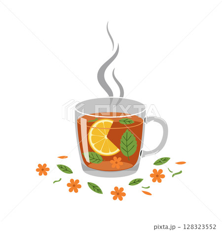 Hot herbal tea with lemon slice and mint leaves in clear glass cup illustration Hot herbal tea with lemon slice and mint leaves in clear glass cup illustration 128323552