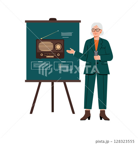 Elderly Woman Giving Presentation with Vintage Radio on Display Board Vector Illustration 128323555