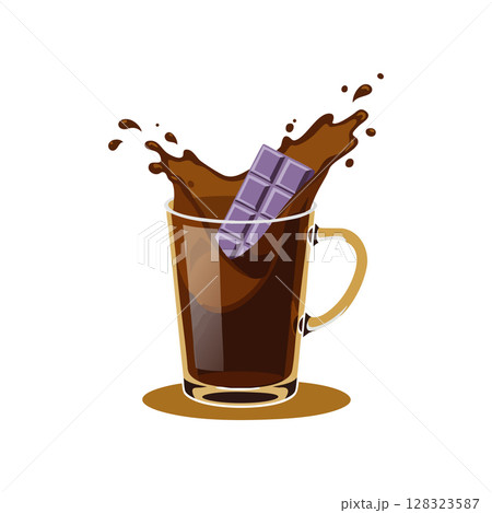 Hot chocolate drink with melting chocolate bar splash vector illustration design Hot chocolate drink with melting chocolate bar splash vector illustration design 128323587
