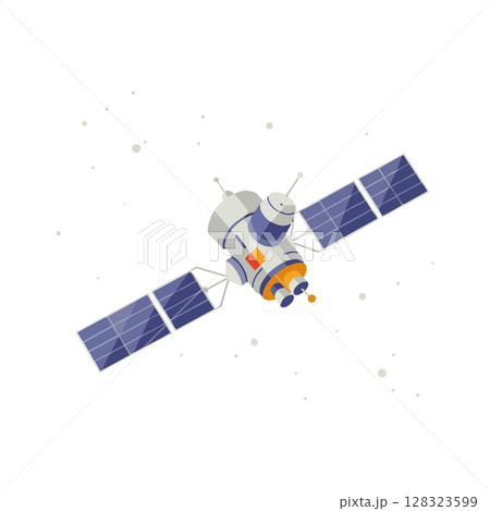 Satellite with solar panels orbiting in space vector illustration digital technology Satellite with solar panels orbiting in space vector illustration digital technology 128323599
