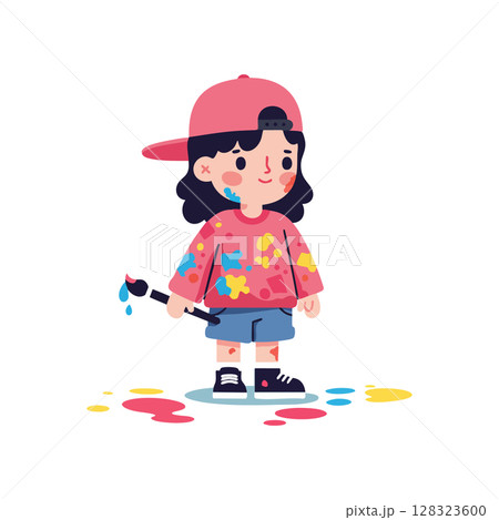 Child with paintbrush and colorful splashes wearing red cap and casual clothes vector illustration 128323600