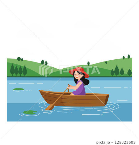 Woman rowing wooden boat on lake with green hills landscape vector illustration 128323605