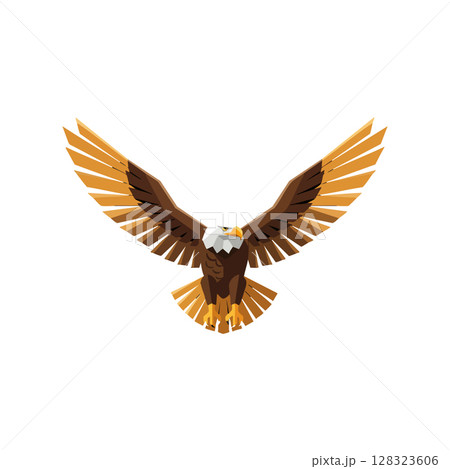 Bald eagle flying with wings spread wide vector illustration in brown orange and white colors 128323606