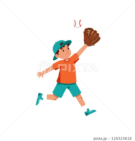 Boy playing baseball catching ball with glove in sports activity vector illustration 128323618