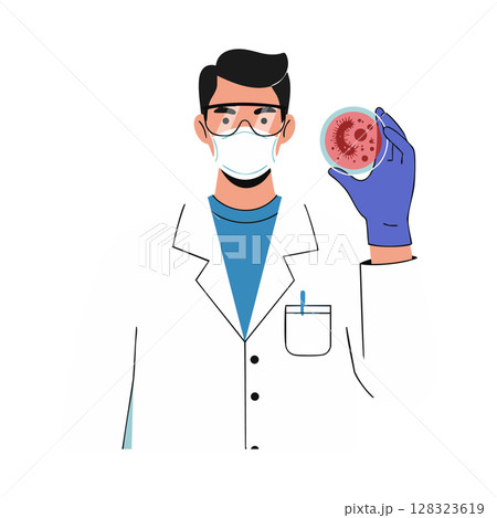 Scientist Wearing Mask and Gloves Holding Petri Dish with Microorganisms Vector Illustration 128323619