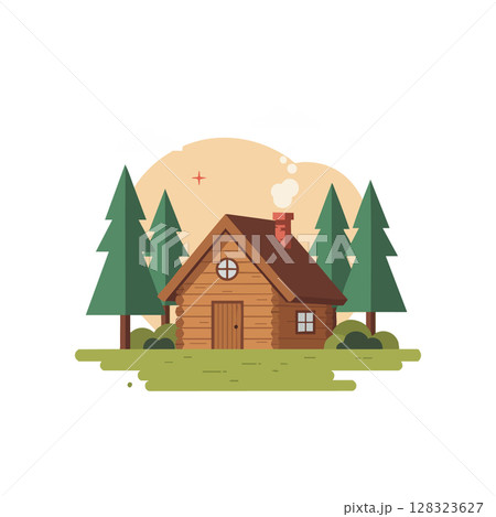Cozy wooden cabin with chimney smoke in forest surrounded by pine trees vector illustration 128323627