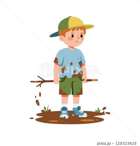 Young boy playing outdoors with mud and stick wearing cap and shorts vector illustration 128323628