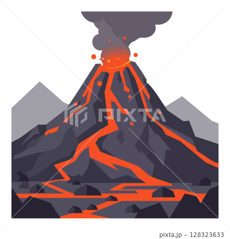Erupting volcano with flowing lava and ash clouds natural disaster illustration vector 128323633