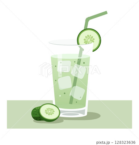 Fresh cucumber juice with ice cubes and straw illustration in green tones vector Fresh cucumber juice with ice cubes and straw illustration in green tones vector 128323636