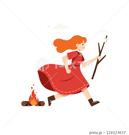 Girl running with stick roasting marshmallows near campfire in red dress vector illustration Girl running with stick roasting marshmallows near campfire in red dress vector illustration 128323637