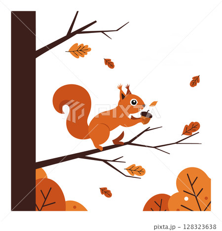 Squirrel holding acorn on tree branch with falling autumn leaves vector illustration Squirrel holding acorn on tree branch with falling autumn leaves vector illustration 128323638