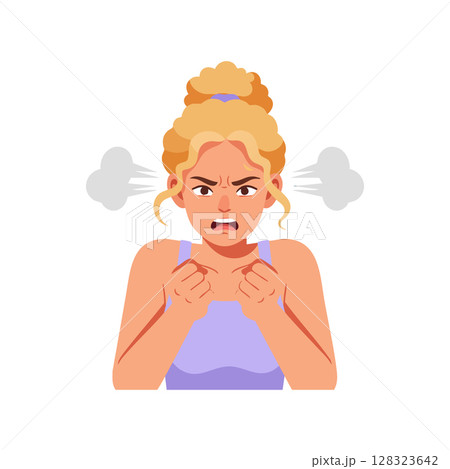 Angry woman with clenched fists and steam coming from ears frustration expression vector illustration Angry woman with clenched fists and steam coming from ears frustration expression vector illustration 128323642