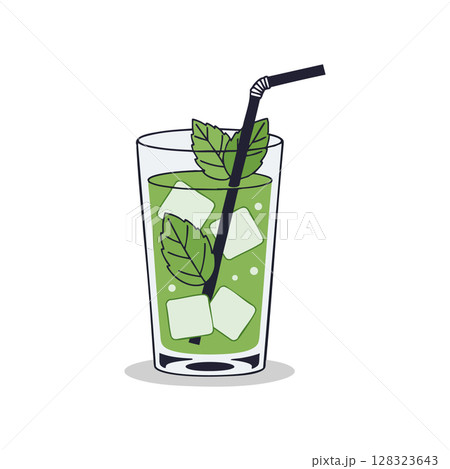 Green Mojito Cocktail Illustration with Ice Cubes and Mint Leaves in Glass 128323643