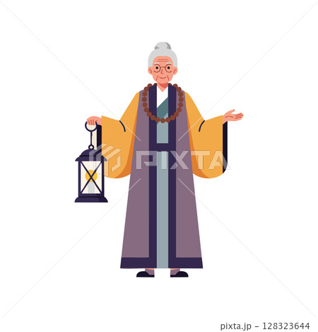Elderly woman holding lantern in traditional robe spiritual character vector illustration 128323644