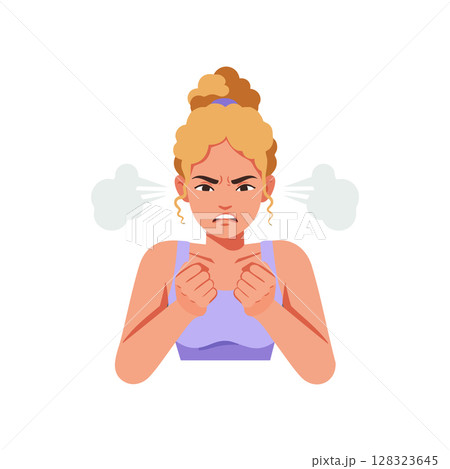 Angry woman with steam from ears and clenched fists expressing frustration vector illustration Angry woman with steam from ears and clenched fists expressing frustration vector illustration 128323645