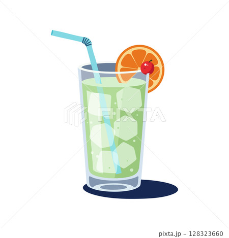 Glass of cold lime green cocktail with orange slice and cherry garnish vector illustration Glass of cold lime green cocktail with orange slice and cherry garnish vector illustration 128323660