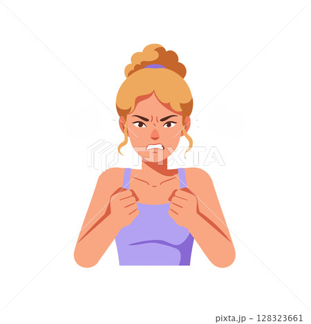 Angry woman with clenched fists and purple top expressing frustration vector illustration 128323661