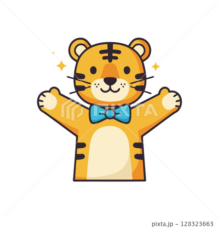 Cute cartoon tiger with blue bow tie cheerful happy animal character vector illustration 128323663