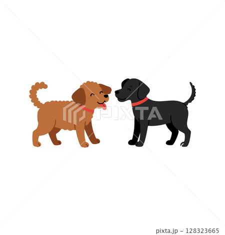Two happy dogs facing each other with red collars vector illustration 128323665